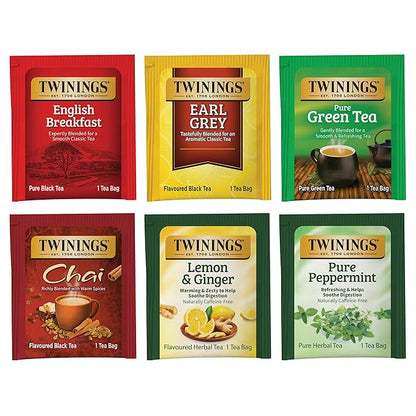 Twinings Variety Pack Tea Bags, 25 Count (Pack of 6) Includes English Breakfast, Earl Grey, Lemon Ginger, Peppermint, Green, and Chai, Enjoy Hot or Iced, 150 Teabags