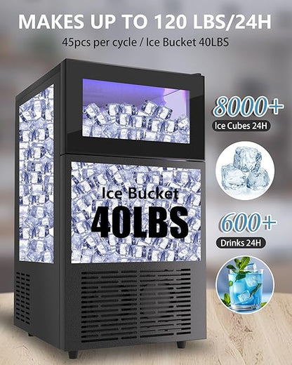 Commercial Ice Maker Machine 𝟏𝟐𝟎𝐋𝐛𝐬/𝐃𝐚𝐲, Undercounter Ice Makers 40Lbs Storage Bin and 45 Ice Trays, Outdoor Ice Maker Brushed Metal with Water Line, Ice Scoop, for Home, Bar, Party