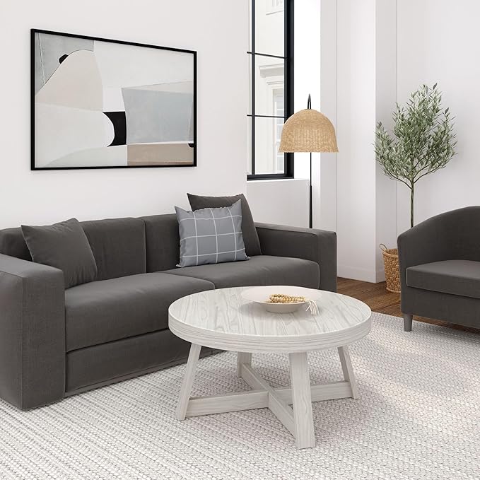 Plank+Beam Classic Round Coffee Table, 36" Farmhouse Coffee Table, Mini Center Tables for Small Spaces, Small Living Space Tea Table, White Sand Wirebrush