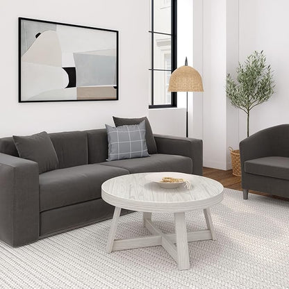 Plank+Beam Classic Round Coffee Table, 36" Farmhouse Coffee Table, Mini Center Tables for Small Spaces, Small Living Space Tea Table, White Sand Wirebrush