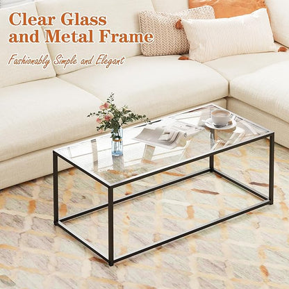 Glass Coffee Table, Modern Center Tables for Living Room, Black Rectangle Center Tea with Metal Frame, Clear Glass Top Coffee Table for Home, Office, Easy Assembly, 39.4 x 18.9 x 17.7, Black