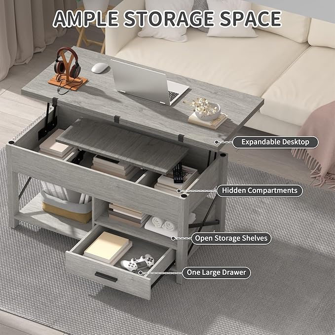 Lift Top Coffee Table with Storage, Convertible Coffee Table Converts to Dining Table, Center Table with Drawer and Hidden Compartment, Farmhouse Coffee Tables with Lifting Top for Living Room, Grey