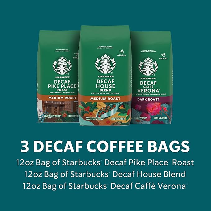 Starbucks Medium & Dark Roast Decaf Ground Coffee, Variety Pack, 3 bags (12 oz each)