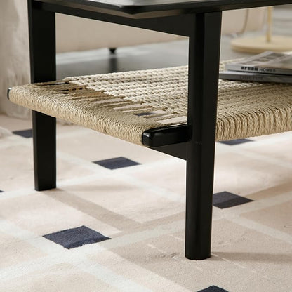 Kmax Coffee Table with Storage, Black Coffee Table Farmhouse Living Room Tables Rectangular Center Table with Rope Woven/Rattan Storage Shelf for Living Room Reception