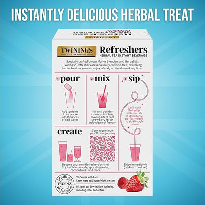NEW Twinings Strawberry Raspberry Refreshers, Herbal Tea Instant Beverage with Real Strawberry Fruit Bits, 5 Count (Pack of 6), Café Style, No Artificial Sweeteners, Naturally Caffeine-Free, 30 Packets