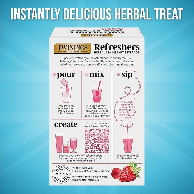 NEW Twinings Strawberry Raspberry Refreshers, Herbal Tea Instant Beverage with Real Strawberry Fruit Bits, 5 Count (Pack of 1), Café Style, No Artificial Sweeteners, Naturally Caffeine-Free, 5 Packets