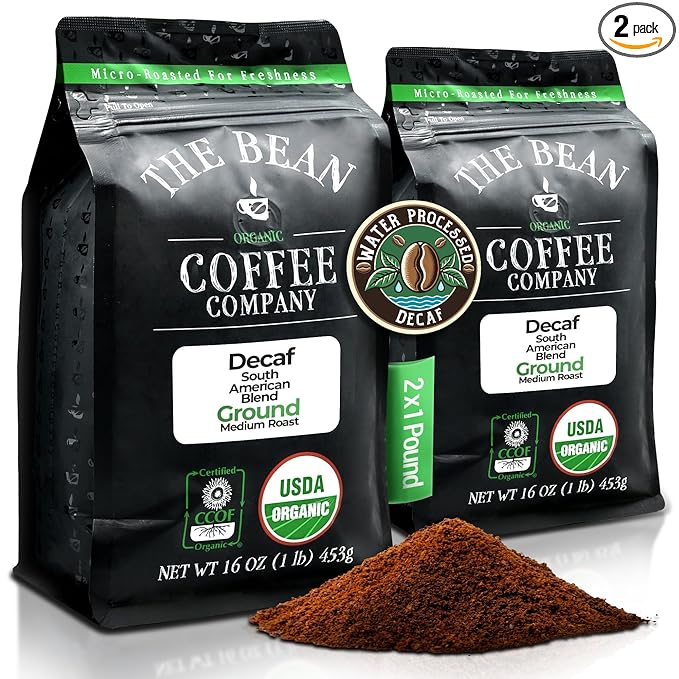The Bean Organic Coffee Company Water Processed DECAF South America Blend, Medium Roast, Ground Coffee, 16-Ounce Bags (Pack of 2), Café Molido Tostado Orgánico descafeinado