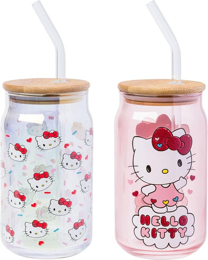 Silver Buffalo Sanrio Hello Kitty 2 Pack Iridescent Glitter Glass Jar Tumbler with Bamboo Lid and Glass Straw, 16 Ounces