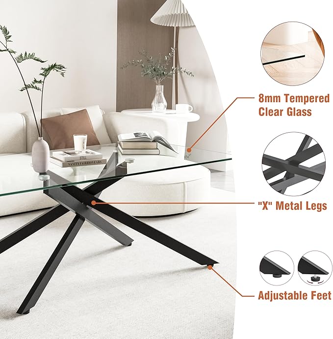 Black Glass Coffee Table Set of 3 Modern End Table Living Room Side Table, Geometric Metal Legs 47.2 Inch Clear Rectangle Center Cocktail Tables, Black