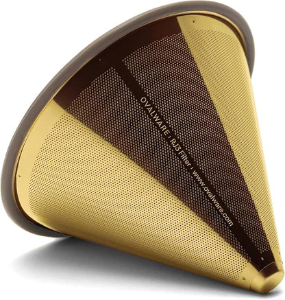 OVALWARE Paperless Stainless Steel Pour Over Coffee Filter – Reusable and Permanent Coffee Cone Dripper for Ovalware, Chemex, Hario and Other Carafes (Titanium Gold)