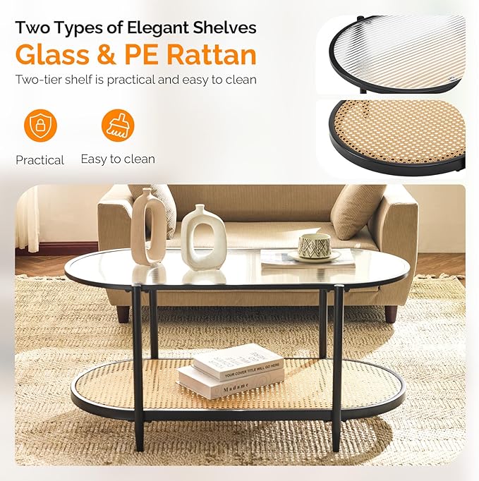 VINGLI 38" Oval Coffee Table with Rattan Shelf, Glass Metal Coffe Table, Skinny Coffee Tables with 2-Tier Storage, Modern Center Table for Living Room, Office, Small Space, Black