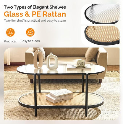 VINGLI 38" Oval Coffee Table with Rattan Shelf, Glass Metal Coffe Table, Skinny Coffee Tables with 2-Tier Storage, Modern Center Table for Living Room, Office, Small Space, Black