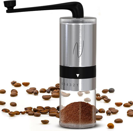 Manual Coffee Grinder – Hand Crank Burr Coffee Bean Grinder, 6 Grind Settings for Espresso, French Press & Pour Over – Quiet, Portable, Durable Stainless Steel Manual Grinder for Home & Travel