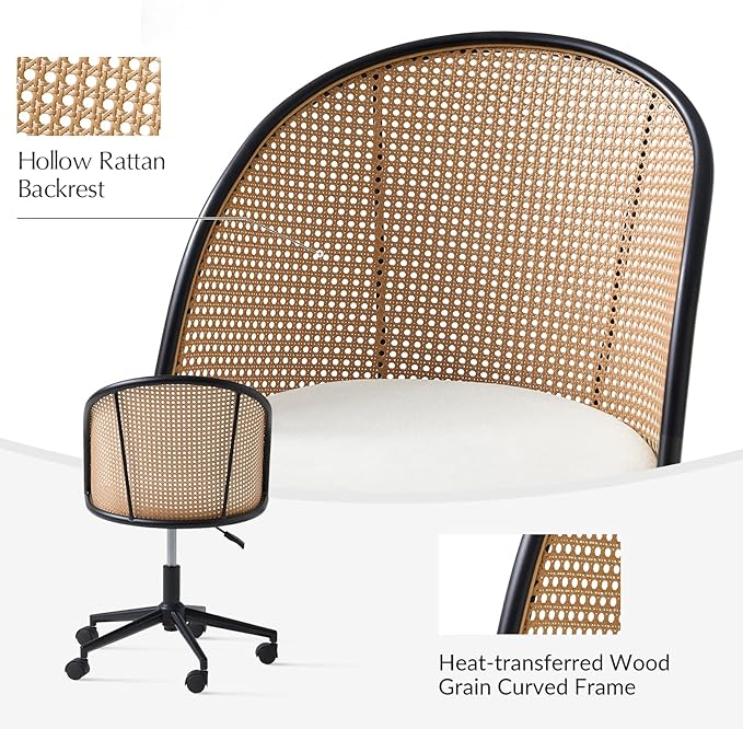 HULALA HOME Rattan Home Office Desk Chair with Curved Backrest, Caster Wheels, Height Adjustable, Accent Task Computer Chair for Home Work, Conference, Dining Room, White