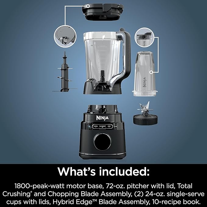 Ninja Detect Power Blender Pro + Personal Single-Serve, BlendSense Technology, For-Smoothies, Food and More, Compact Kitchen Countertop, 1800 P-Watts, 72 oz. Pitcher, (2) 24 oz. Cups, Black, TB301