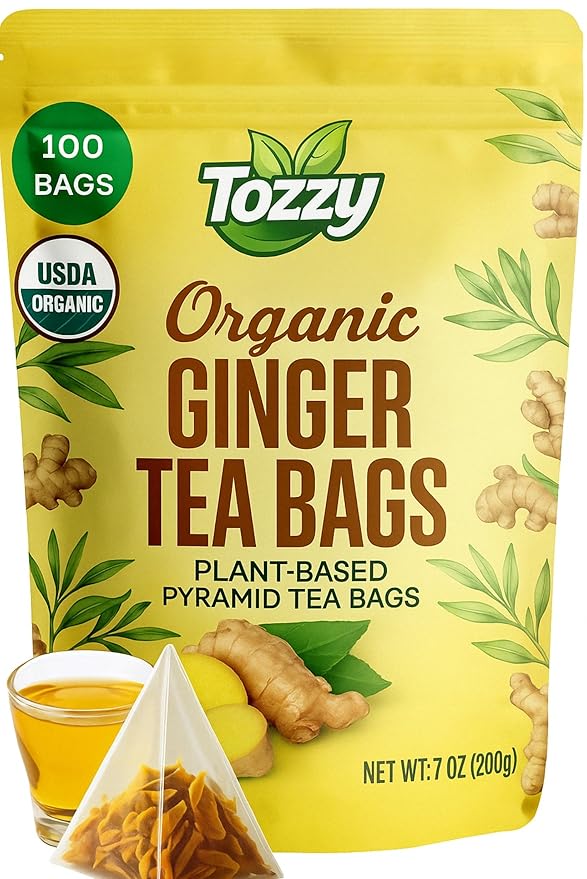 Tozzy Organic Ginger Tea - 100 Count | Pyramid Tea Bags (Plant-Based & Eco-conscious) | Pure Ingredients | Packaging May Vary