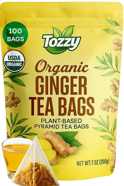 Tozzy Organic Ginger Tea - 100 Count | Pyramid Tea Bags (Plant-Based & Eco-conscious) | Pure Ingredients | Packaging May Vary