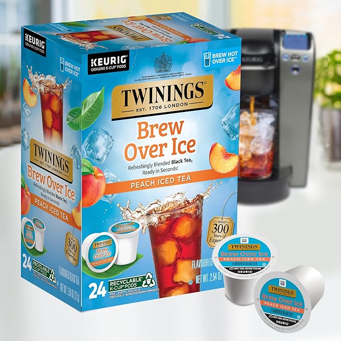 Twinings Brew Over Ice Unsweetened Peach Black Iced Tea K-Cup Pods for Keurig, 24 Count (Pack of 1), Caffeinated