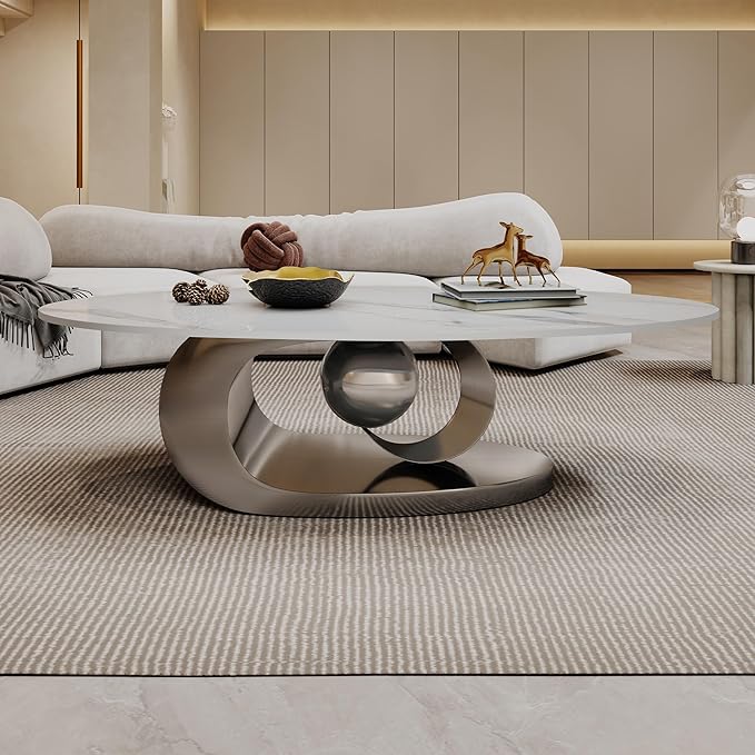 Marble Grain Coffee Table with Gold Stainless Steel Pedestal,Modern Coffee Tables,Oval Living Room Table with Faux Marble Top & Luxury Legs,Sintered Stone Cocktail Center Table,49.20inch