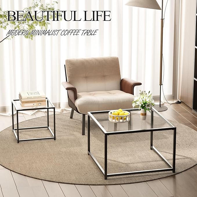 Glass Nesting Coffee Table Set of 2, Modern Minimalist Center Tables, Living Room Coffee Tables for Home, Office, Bedroom, Small Spaces, Space-Saving, Black