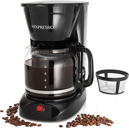 Mixpresso 12 Cup Coffee Pot, Auto-Off & Reusable Filter, Large Drip Coffee Maker, Borosilicate Glass Carafe, Anti-Drip, Water Window, Easy On/Off Switch, Black Coffee Machine