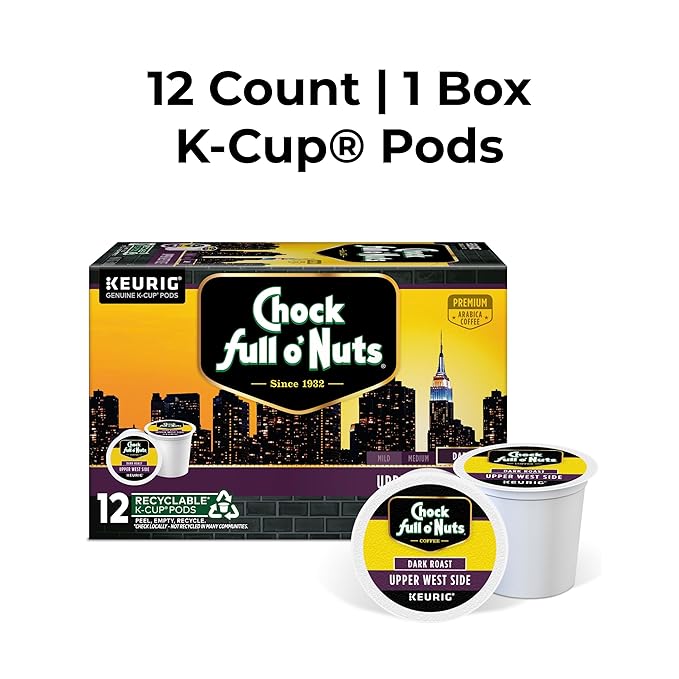 Chock full o’Nuts Upper West Side Keurig K-Cup Pods for Keurig Brewers – Premium Arabica, Dark Roast – Single Serve – 1 Pack of 12 K-Cup Pods