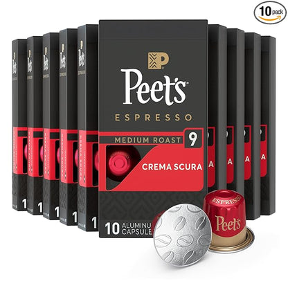 Peet's Coffee, Medium Roast Espresso Capsules, Compatible with Nespresso Original Machine - Crema Scura Intensity 9, 100 Count (10 Boxes of 10 Espresso Capsules)