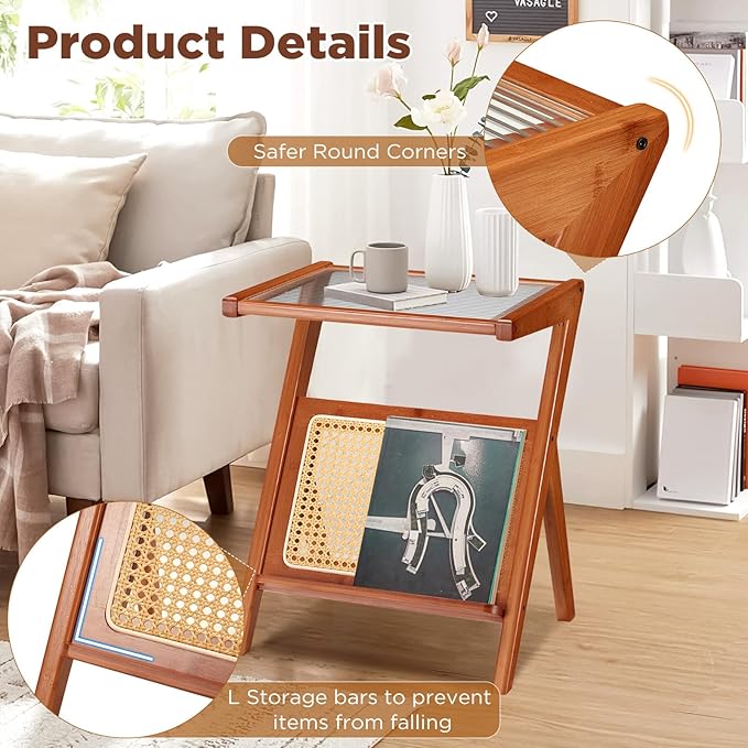 Rattan Side Table Set of 2, Rattan End Table Z-Shaped Boho Nightstand with Glass-top, Accent and Coffee Table for Bedroom Living Room Small Space