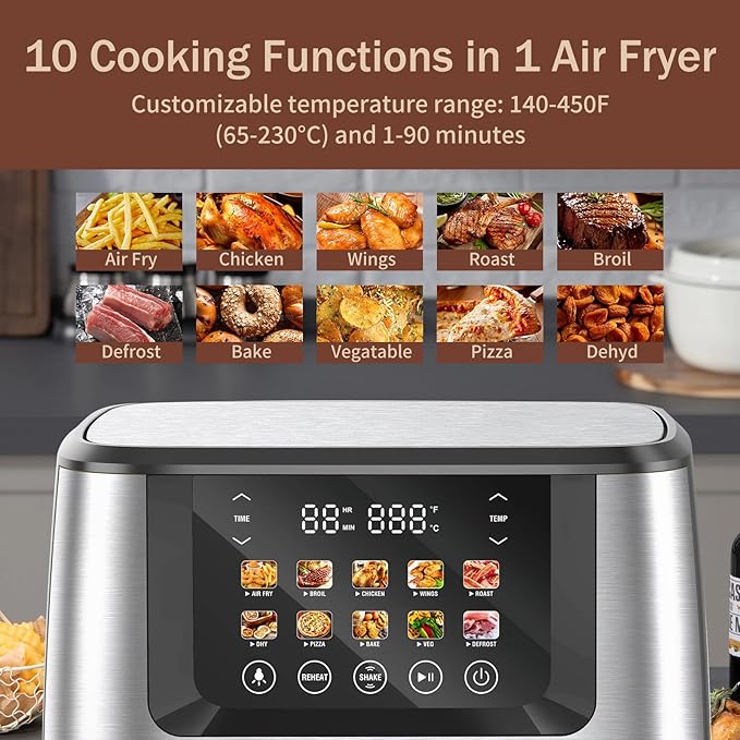 SEEDEEM Max XL Air Fryer 8QT, 10-in-1 Digital Air Fryer Oven with Color Touchscreen & Viewing Window, Toaster Oven Combo for Broil, Roast, Dehydrate, Bake – Silver