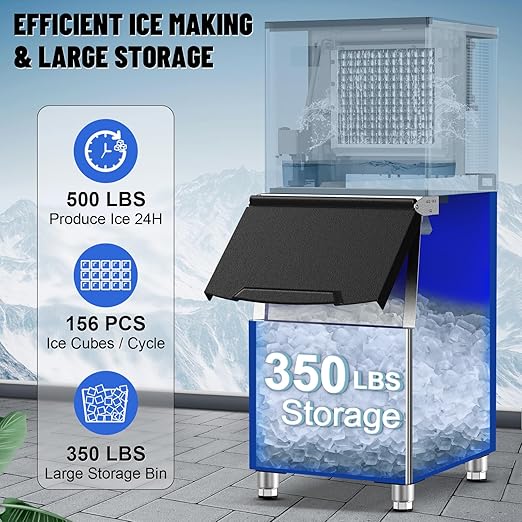 Commercial Ice Maker Machine 500Lbs/24H with 350Lbs Large Ice Storage Bin, Freestanding Ice Maker 156Pcs Clear Ice Cubes in 10Mins, Auto-Clean Stainless Steel Industrial Ice Machine for Restaurant
