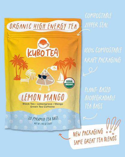 Kubo Tea Lemon Mango Black Tea - Organic High Caffeine Energy Blend - 20 Pyramid Tea Bags (155mg Caffeine each) - Healthy Sugar Free Coffee Substitute for Hot and Iced Drinks - Biodegradable Packaging