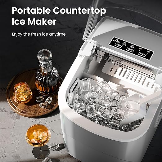 AGLUCKY Ice Makers Countertop with Handle,26.5Lbs/24H,9 Cubes in 6 Mins,2 Sizes of Bullet Ice,Portable Machine with Self-Cleaning,Perfect for Home Kitchen(Grey)