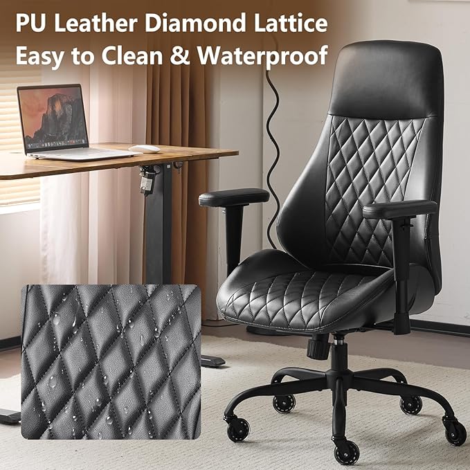 YFO Home Office Desk Chair High Back Office Rubber Chair Casters Ergonomic Computer Chair with Lumbar Support Adjustable Height Rolling Swivel Chair Executive Task Armrests, Black PU