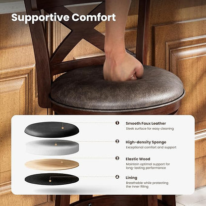 PHI VILLA Swivel Bar Stools Set of 6, 30 inch Bar Height Stools Faux Leather Barstools with Back, Wooden Kitchen Chairs