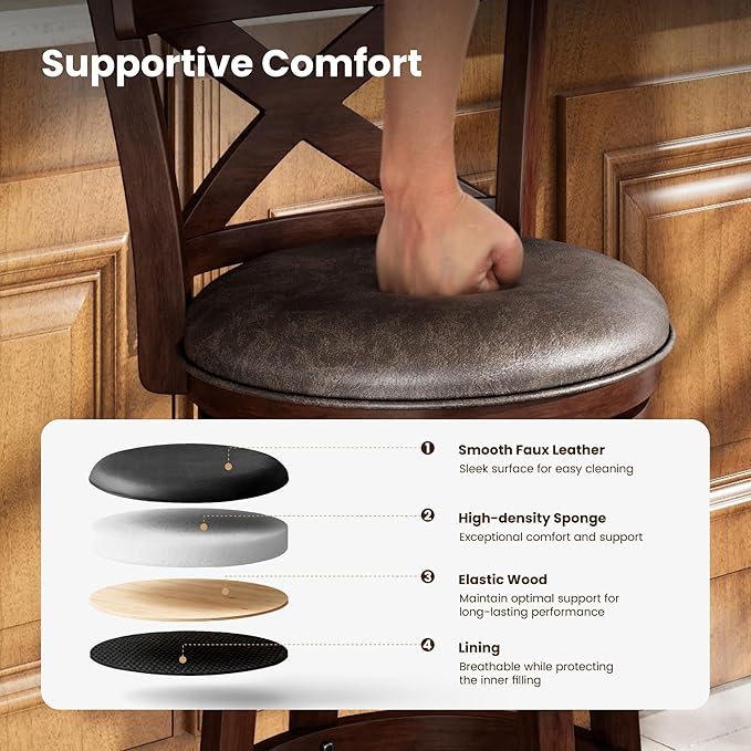 PHI VILLA 30 inch Bar Height Stools Set of 2,Swivel Wooden Barstools Tall Upholstered Faux Leather Barstool with Back,Vintage Bar Height Chairs,Dark Brown Kitchen Stools