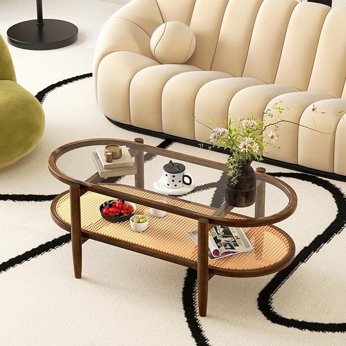 Giantex Rattan Coffee Table, 2-Tier Oval Acacia Wood Tea Table w/Tempered Glass Tabletop & PE Rattan Storage Shelf, Boho Cocktail Tables, Mid Century Modern Center Table for Living Room Office, Brown
