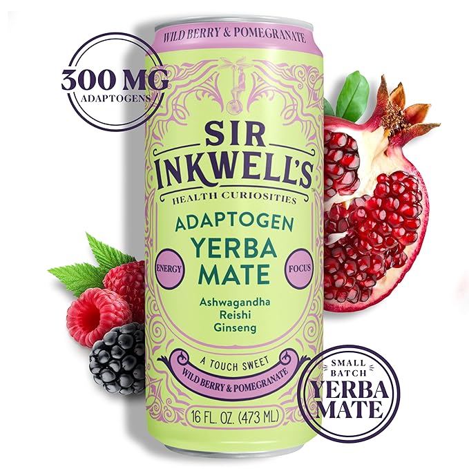 SIR INKWELL’S Adaptogen Yerba Mate Tea | Healthful Energy + Productivity 150 mg Organic Caffeine | 300mg Ashwagandha Reishi Ginseng |Non-GMO Certified | Wild Berry & Pomegranate 16oz 12pk