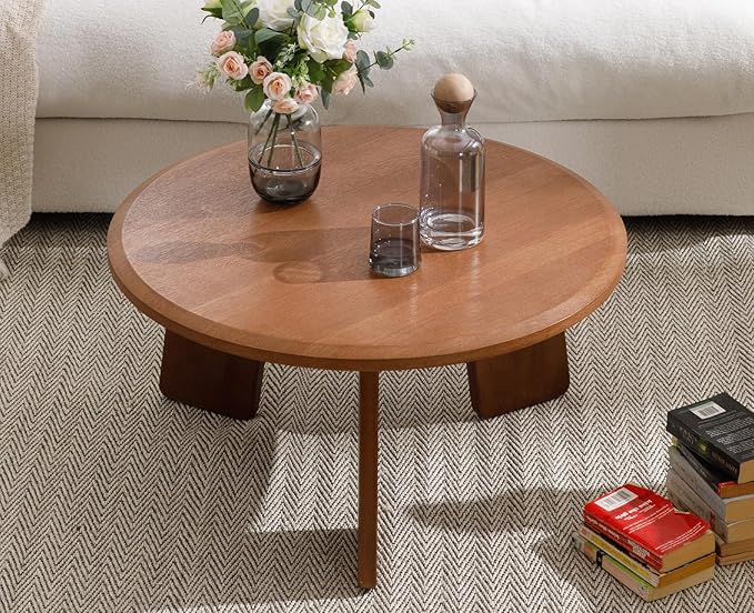 chairus 32 Inches Round Coffee Table Solid Wood Side Table Cute Circle End Table for Living Room, Home Decor, Balcony, Walnut