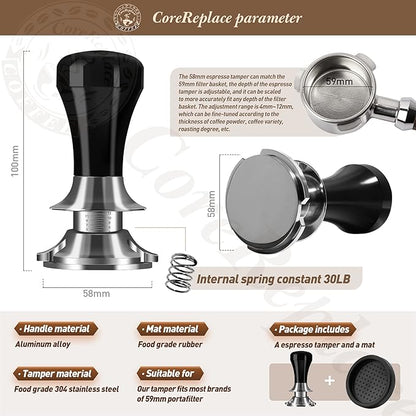 Newest 58mm Espresso Coffee Tamper Adjustable Height with Scale, 30lbs Springs Tamping Strength, Stainless Steel Flat Base, with Mat