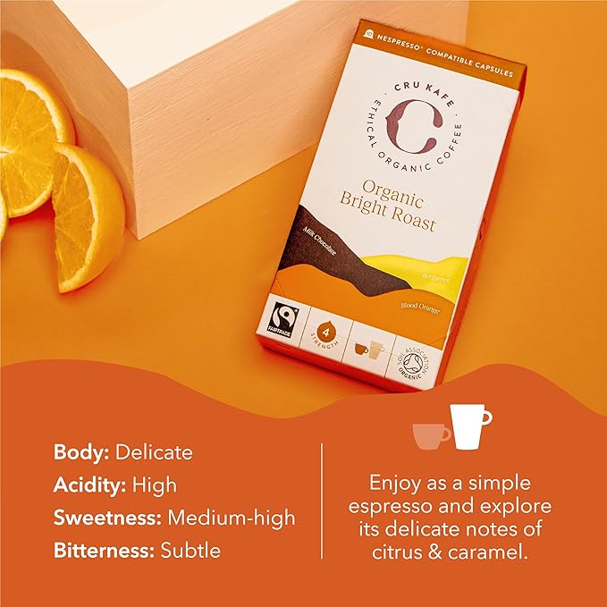 Cru Kafe Bright Roast USDA Organic Espresso Coffee Capsules (50 Pods) Fairtrade Coffee Pods Compatible with Nespresso Original Line and Pixie Machines