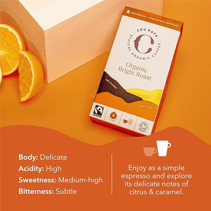Cru Kafe Bright Roast USDA Organic Espresso Coffee Capsules (50 Pods) Fairtrade Coffee Pods Compatible with Nespresso Original Line and Pixie Machines