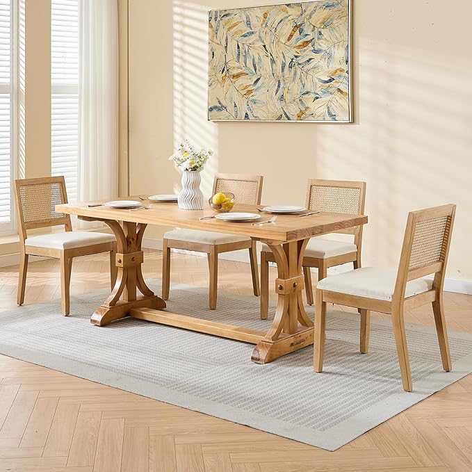 Vintage French Country Dining Chairs Set of 2, Rattan Dining Chairs with a Low Square Back, Beige Upholstered Dining Chair, Sillas para Comedor, Kitchen & Dining Room Chair (Beige, Rattan, 2Pcs)