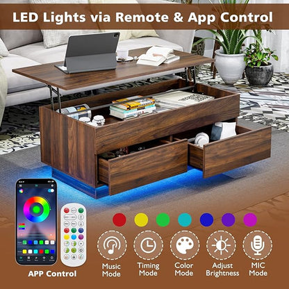 HOMMPA Lift Top Coffee Table with LED Light Morden Coffee Table with Storage High Gloss Walnut Coffee Table for Living Room Tea Table with Storage Center Tables Hidden Compartment & 2 Drawers