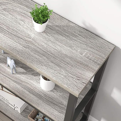 FOLUBAN 3 Tier Bookshelf, Short Bookcase for Small Space, Modern Wooden and Metal Book Shelf for Living Room Bedroom Office (Light Grey Oak)