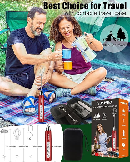 YUSWKO Rechargeable Milk Frother for Coffee, Handheld Drink Mixer with 3 Heads 3 Speeds, Ideal Coffee Frother Wand for Travel - Red