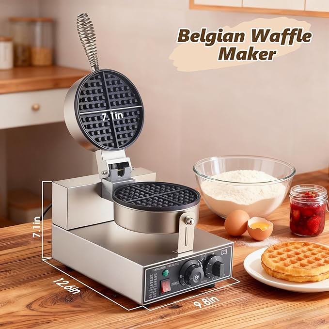 Commercial Waffle Maker, 1200W Waffle Iron, Professional Rotatable Waffle Baker Machine with Temp and Time Control, Non-Stick Baking Pan Stainless Steel for Restaurant Bakeries Kitchen Home