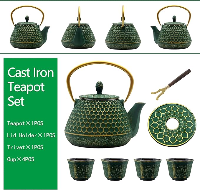 Cast Iron Tea Kettle Set, 33.8oz Hexagon Pattern Teapot Set with Cups, Teapot Coated with Enameled Interior, Durable Cast Iron Teapot Set with Stainless Steel Infuser