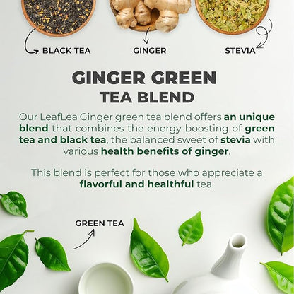 LeafLea Green Tea with Ginger, 80 Tea Bags (2 Packs), Natural Green Tea with Ginger Root, Lightly Sweetened with Stevia, Supports Digestion and Immunity, Low Caffeine, Non-GMO, Gluten-Free