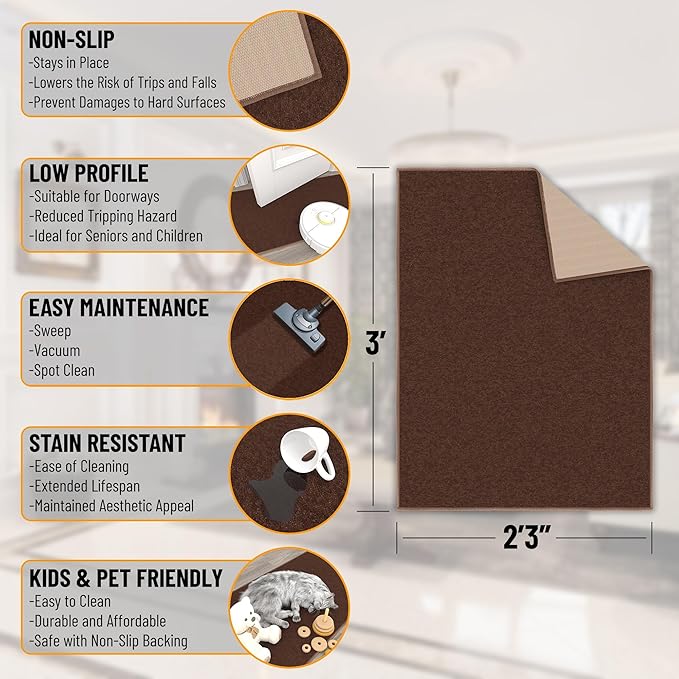 Ottomanson Rugs for Entryway 2'3" x 3' Non Slip Solid Small Area Rugs Durable Front Door Mat Rug Stain Resistant Entrance Rugs for Bathroom Kitchen Bedroom & Living Room, Brown