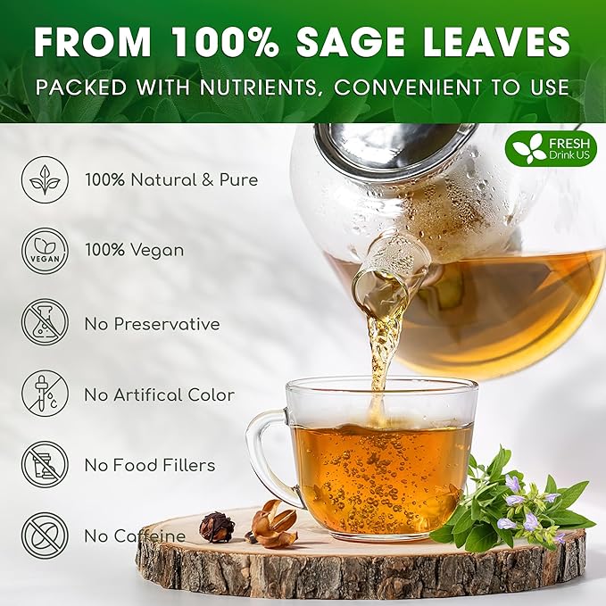 FreshDrinkUS, Premium 35 Sage Leaf Tea Bags, 100% Natural & Pure from Sage Leaves. Loose Leaf Herbal Tea. Made with Natural Material Tea Bags. No Sugar, No Caffeine, No Gluten, Vegan.